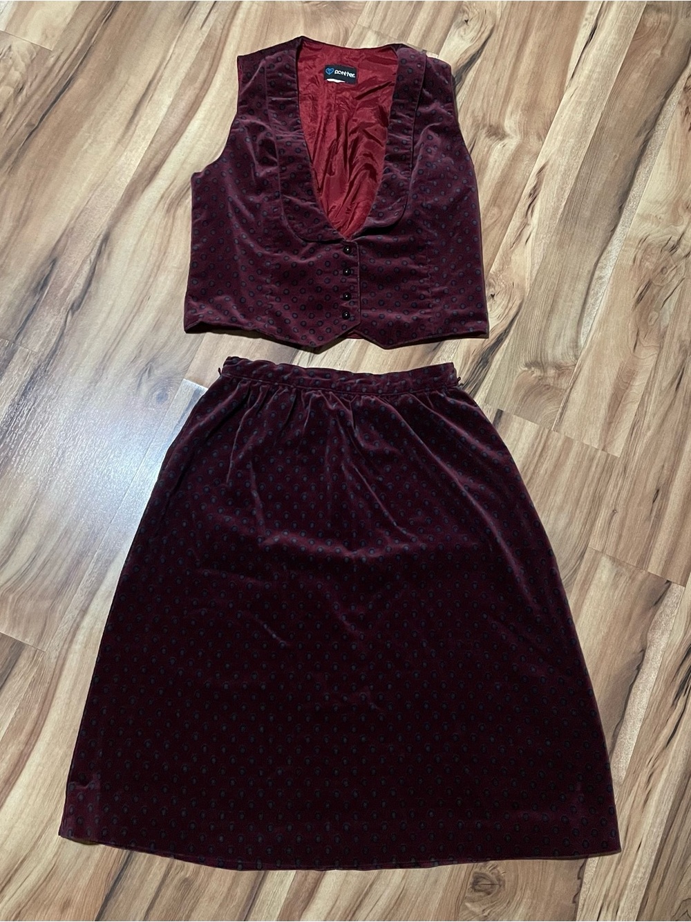 VTG 80s Pant-her Burgundy Velvet Midi Skirt Vest Set 100% Combed Cotton USA